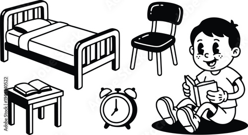 Retro cartoon line art close up boy reading book beside bed chair alarm clock and bedside table in simple composition
