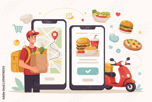 Mobile Food Delivery App Concept Vector Illustration with Delivery Man Holding Grocery Bag, Red Scooter, and Smartphones Displaying GPS Tracking Map and Fast Food Menu for Online Ordering.