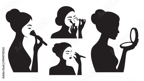 Vector Illustration Of Woman Applying Makeup In Different Poses For Beauty And Cosmetics Advertising