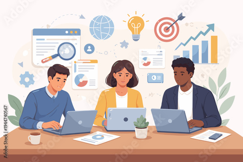 Business team of diverse professionals working on laptops at a desk, conducting online market research and data analysis for strategic growth with icons for global search, ideas, and targets.
