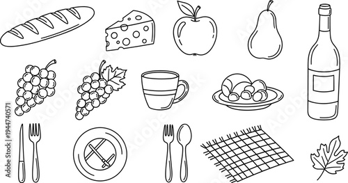 Collection of hand-drawn food and drink icons for a delightful meal or picnic setting