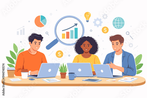 Business team working on laptops conducting online research for market opportunities, analyzing data with growth charts, magnifying glass, and lightbulb icons for creative strategy and success.