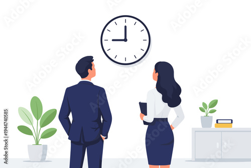 Businessman and businesswoman in formal office attire looking at a large wall clock showing nine o'clock, concept of time management, deadline, work schedule, and punctuality in a modern workplace.
