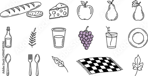 Hand-drawn picnic elements including food, drinks, and checkered blanket