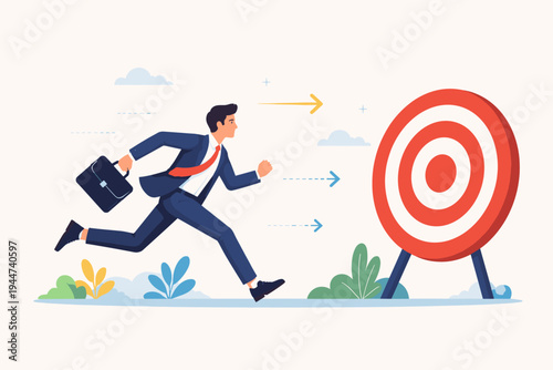 Businessman in a professional suit running towards a red bullseye target with a briefcase. Flat vector illustration representing business goals, success, achievement, career growth, and ambition.