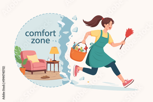 Motivated Woman Housewife Running Away from Comfort Zone Carrying Cleaning Supplies and Duster, Concept of Personal Growth, Stepping Out of Routine, Flat Vector Illustration for Business and Life