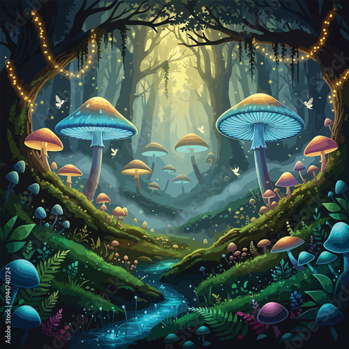 A mystical forest scene featuring enchanted fairy mushrooms, lush greenery, and twinkling lights in a dense woodland environment viewed from a magical perspective.