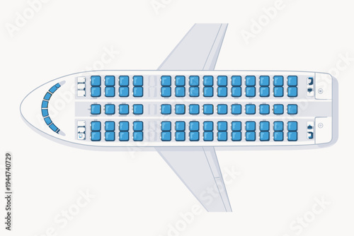 Airplane Seat Map Vector Illustration Showing Passenger Seating Chart Plan with Cockpit, Wings, and Aisles for Commercial Flight Booking, Travel Planning, and Aviation Transport Management.