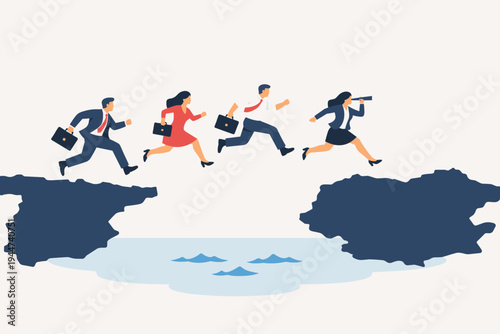 Flat vector illustration of business professionals running and jumping across a gap between two countries, symbolizing global migration, brain drain, international expansion, and career growth.