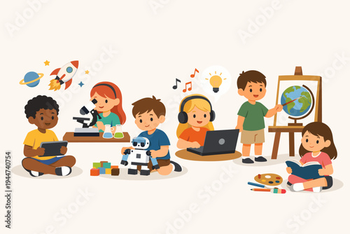 Diverse group of happy children engaged in various educational activities including science experiments with a microscope, robotics, digital learning on laptops, music, art, and geography lessons.