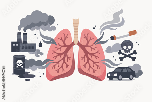 Vector Illustration of Human Lungs Inhaling Toxic Pollutants; Industrial Factory Smoke, Cigarette Smoke, Car Exhaust Emissions, and Chemical Waste Representing Respiratory Health Risks and Disease.