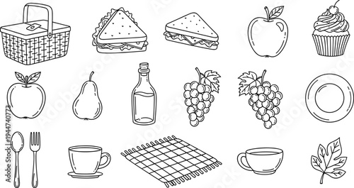 Collection of hand-drawn picnic and food items in a simple line art style