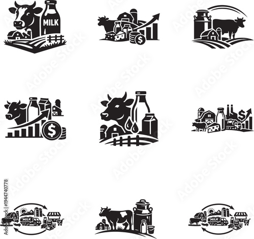 Dairy production icon set showing farming range sales and profit symbols for agriculture business.
