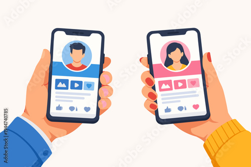 Hands Holding Smartphones with Social Media Profiles for Online Dating and Networking. Vector Illustration of Male and Female Users Matching on Mobile App with Photos, Likes, and Interactions.