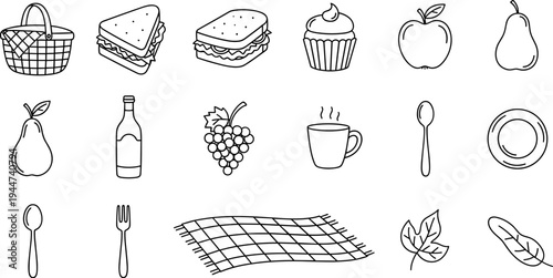 Collection of simple line art icons representing picnic and food items for outdoor enjoyment