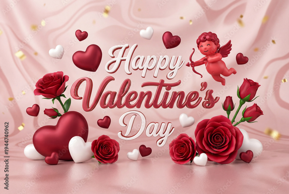 Obraz premium Festive valentine day 3d composition with cupid hearts and roses on pink background