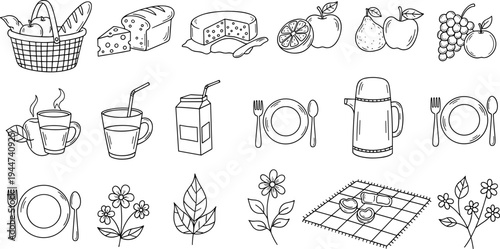 Hand-drawn picnic elements including food, drinks, and nature illustrations