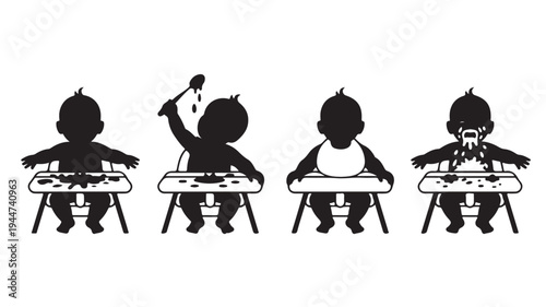 Vector Illustration Of Four Silhouette Babies Eating In High Chairs For Parenting And Child Development Concept