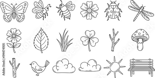 Collection of simple hand-drawn nature elements and animals in black and white outline style