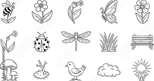 Collection of hand-drawn nature elements including insects, plants, and weather symbols