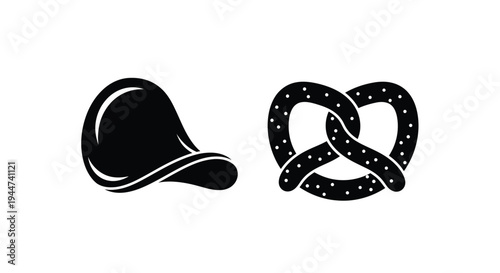 A hat and a pretzel depicted in a striking black silhouette