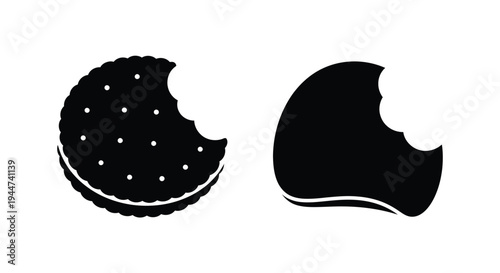 Two cookies one bitten depicted in a stark black silhouette