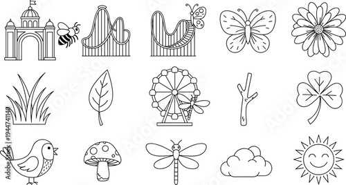 Collection of simple line art icons representing nature and amusement park elements