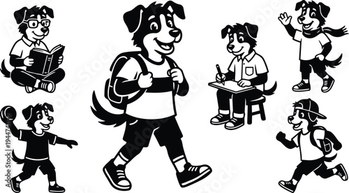 Mascot style vector dog walking with backpack smiling looking forward holding book wearing sneakers waving hand school scene playful friendly