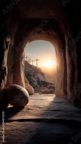 empty tomb with crosses in the distance