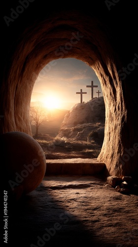 empty tomb with crosses silhouetted against a sunrise