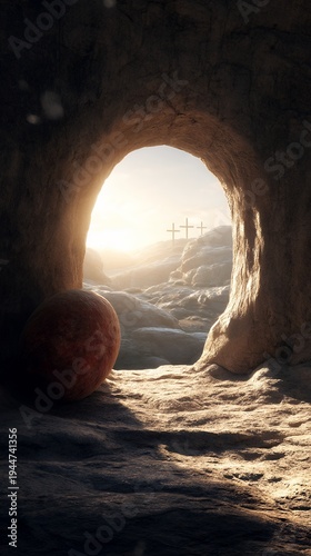 empty stone tomb with crosses in distance