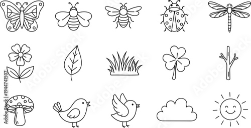 Collection of simple line art icons representing nature and animals for children's designs