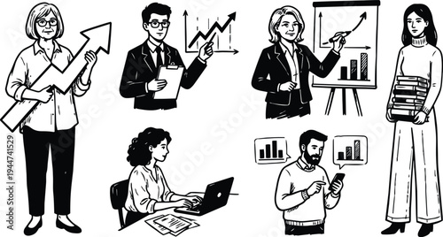 Vector business team presenting growth charts with woman holding arrow man pointing at graph analyst using laptop woman with books