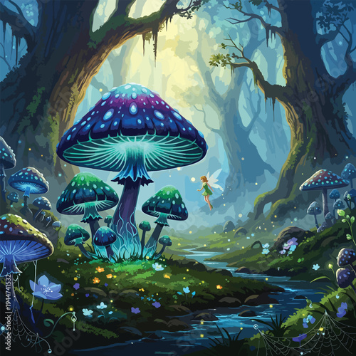 A magical fairy hovers above a vibrant giant mushroom in a mystical jungle forest filled with glowing plants and a serene stream.