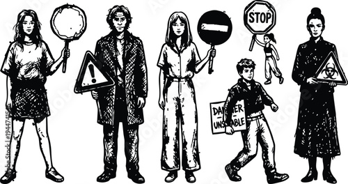Line art ink wash protest group holding warning signs biohazard stop danger symbol various ages standing view monochrome hand drawn