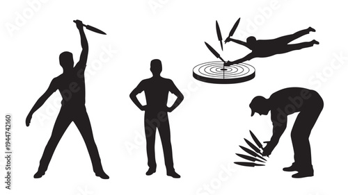Vector Illustration Of Black Silhouettes Of People Engaged In Knife Throwing Activities For Entertainment And Performance Concept