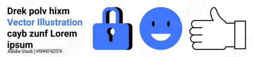 Digital security, social media engagement, positive communication, content approval, online feedback, identity safety. Blue padlock, happy face thumbs up. Security and social media engagement