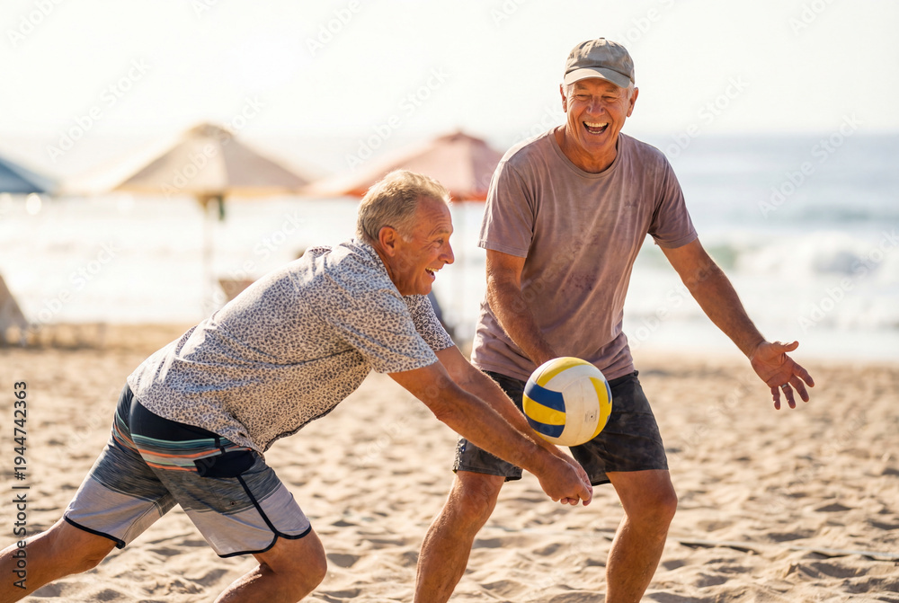 Fototapeta premium Senior men playing beach volleyball under morning sun
