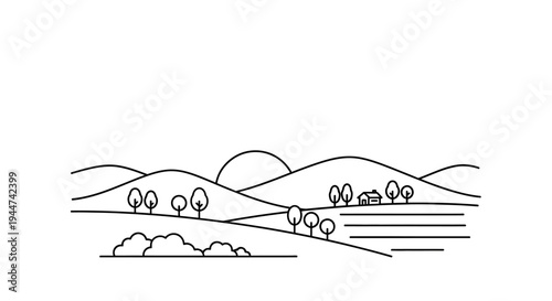Simple Line Drawing of Trees and Hills.
