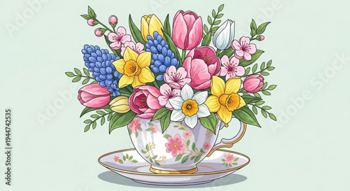 Vibrant floral bouquet in a delicate teacup on a saucer with gold trim against a soft green background with colorful flowers