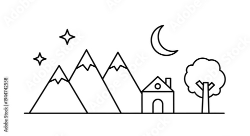 Simple Line Drawing of Mountains and House.