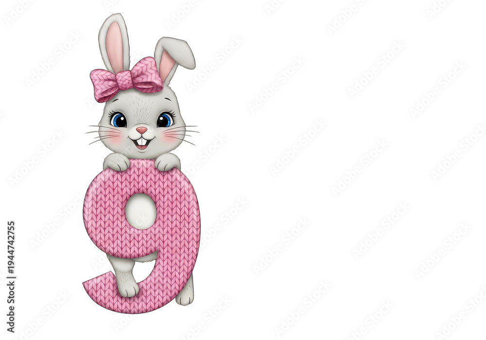 Obraz premium Cute cartoon bunny with pink bow and sweater isolated on transparent background