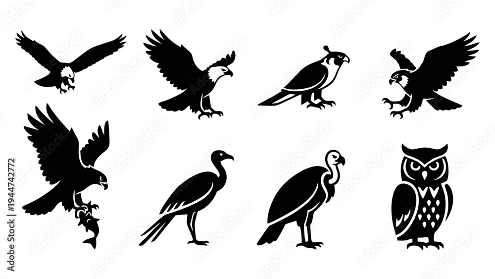 Fototapeta premium Birds of Prey Silhouette Icon Collection