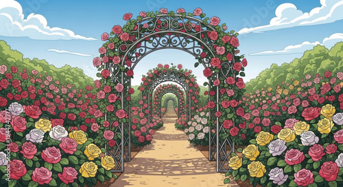 Vibrant rose garden pathway with arches and colorful blooms under blue sky