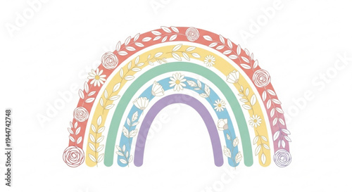 Colorful rainbow with floral patterns on each arc symbolizing hope and diversity in a whimsical design