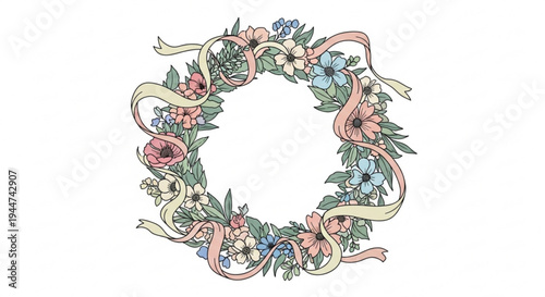 Vibrant floral wreath with pastel ribbons and assorted flowers on white background for decoration
