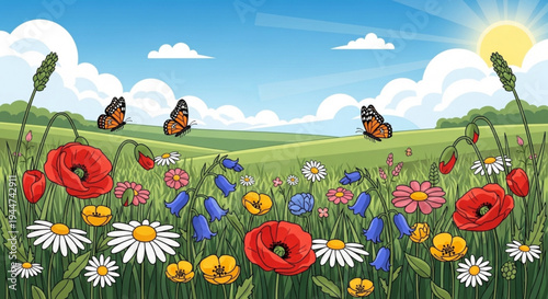 Colorful spring flowers and butterflies in a sunny green meadow with blue sky
