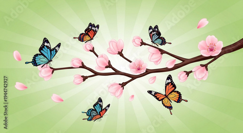 Colorful butterflies flying around blooming cherry blossom branch with pink petals on green background with sunburst