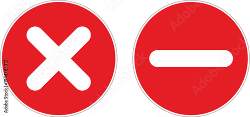 Two red circular warning signs featuring a white cross and a white horizontal line, symbolizing prohibition or error.