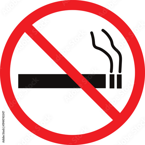 A universal no smoking sign featuring a black cigarette with smoke crossed out by a red circle and diagonal line.